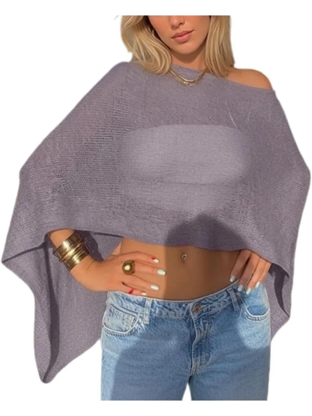 Women's Sheer Gray Lightweight Knit Crochet Shrug Bolero Mesh Batwing Cover Up